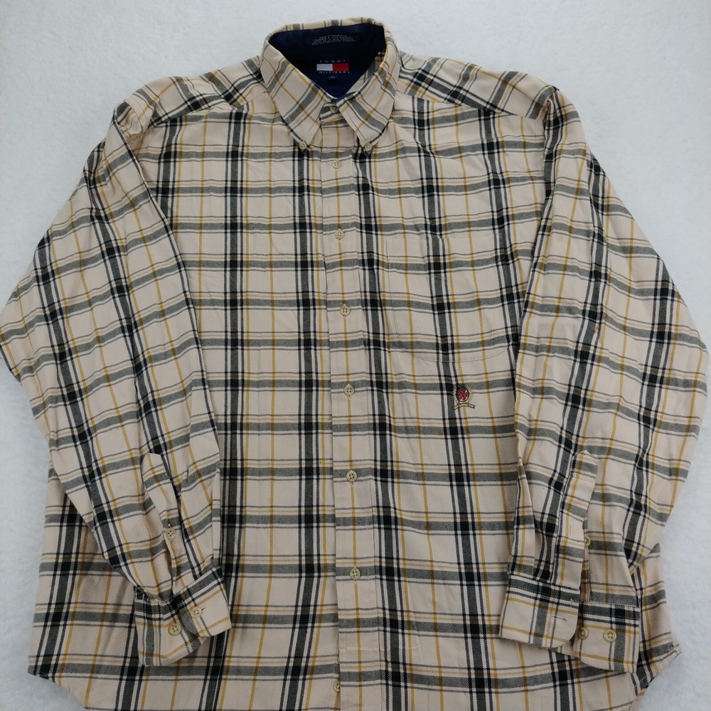 Vintage 90s Tommy Hilfiger Plaid Checkered Crest Mens Button Down Shirt Sz Large